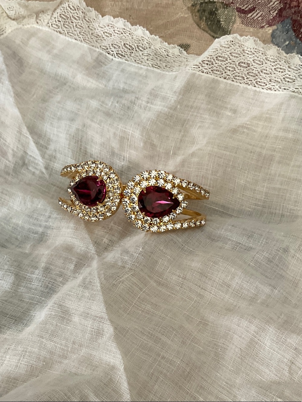 HINGED BANGLE BRACELET, FAUX LARGE GARNET STONES,ZIRCONIA DIAMOND CHIPS